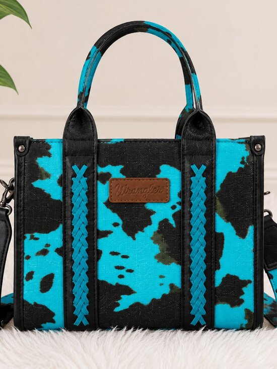 Wrangler Handbags - Wrangler Turquoise Cow Print Tote Bag Western Crossbody Purse Black & Blue NWT